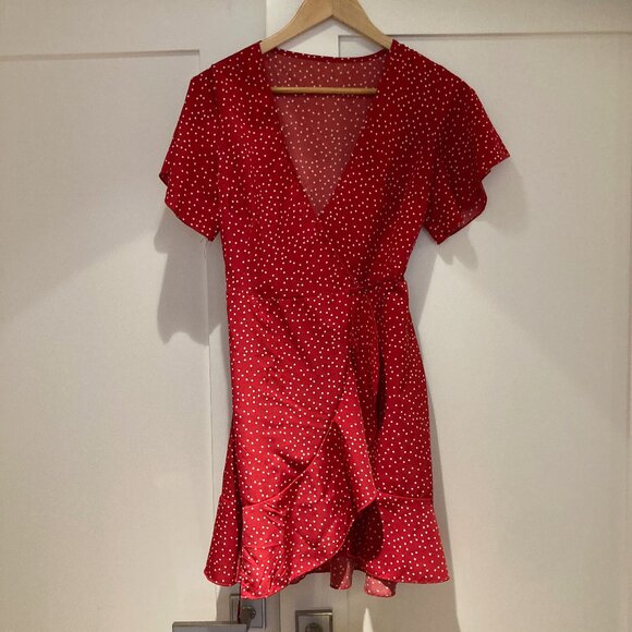 Shein Red Polka Dot Wrap Dress Size 6 (M) - Picture 1 of 13